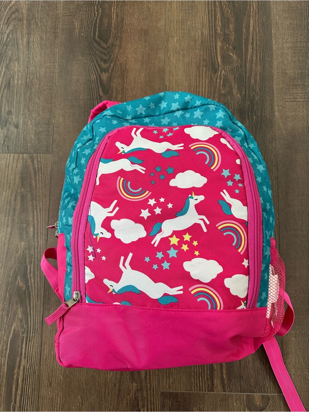 Kids Unicorn Print Backpack - Pink & Teal with sleeping bag inside